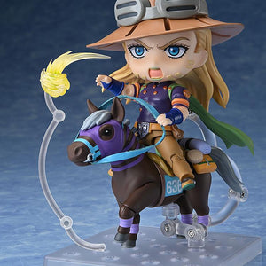Action pose of Gyro Zeppeli on Valkyrie with a shouting battle face and spinning Iron Ball effect.