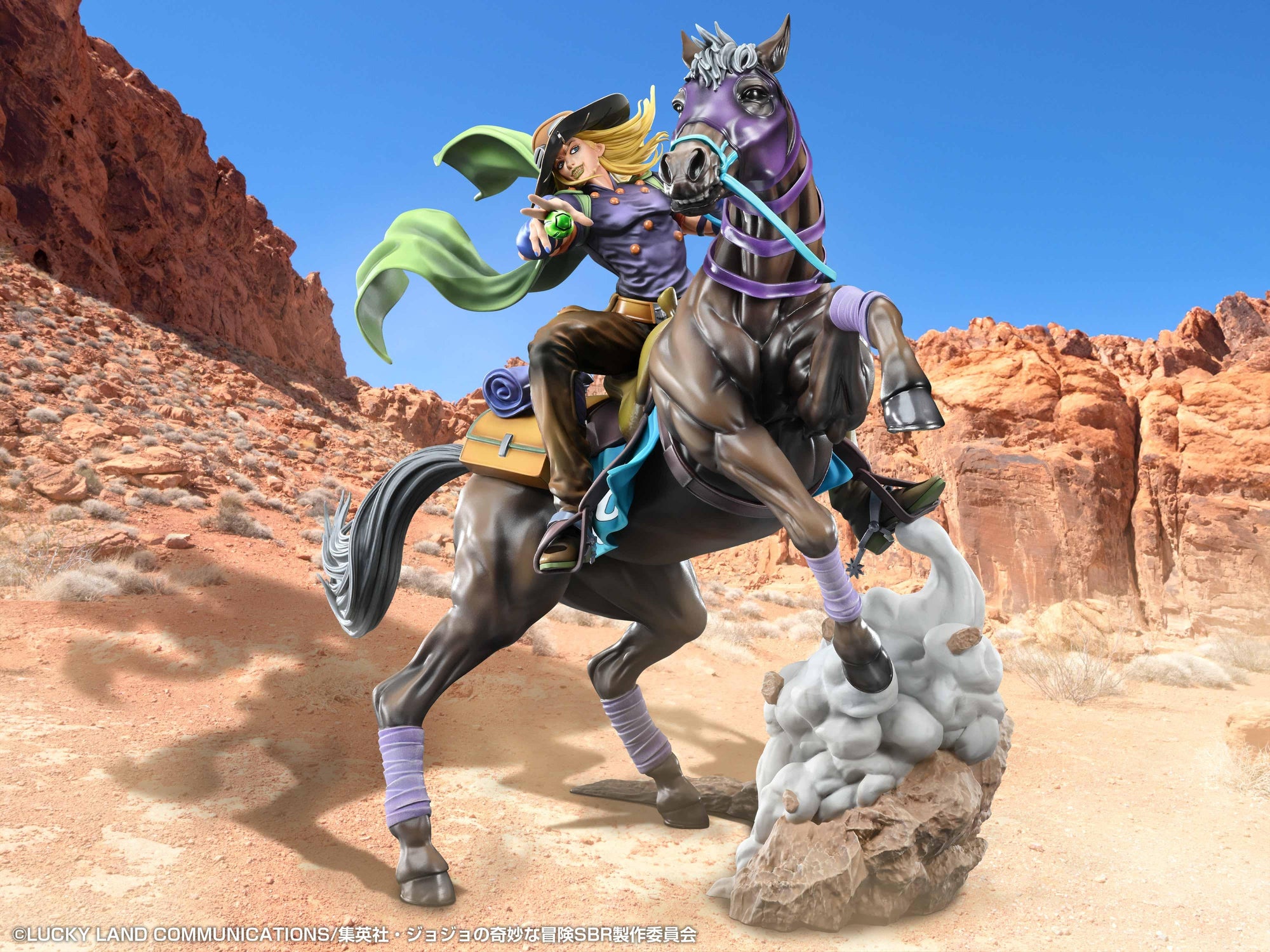Promotional environmental image of the non-articulated Chozo Art Gyro Zeppeli and Valkyrie figure composited onto a realistic rocky desert canyon background under a clear blue sky.