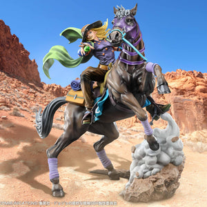 Promotional environmental image of the non-articulated Chozo Art Gyro Zeppeli and Valkyrie figure composited onto a realistic rocky desert canyon background under a clear blue sky.