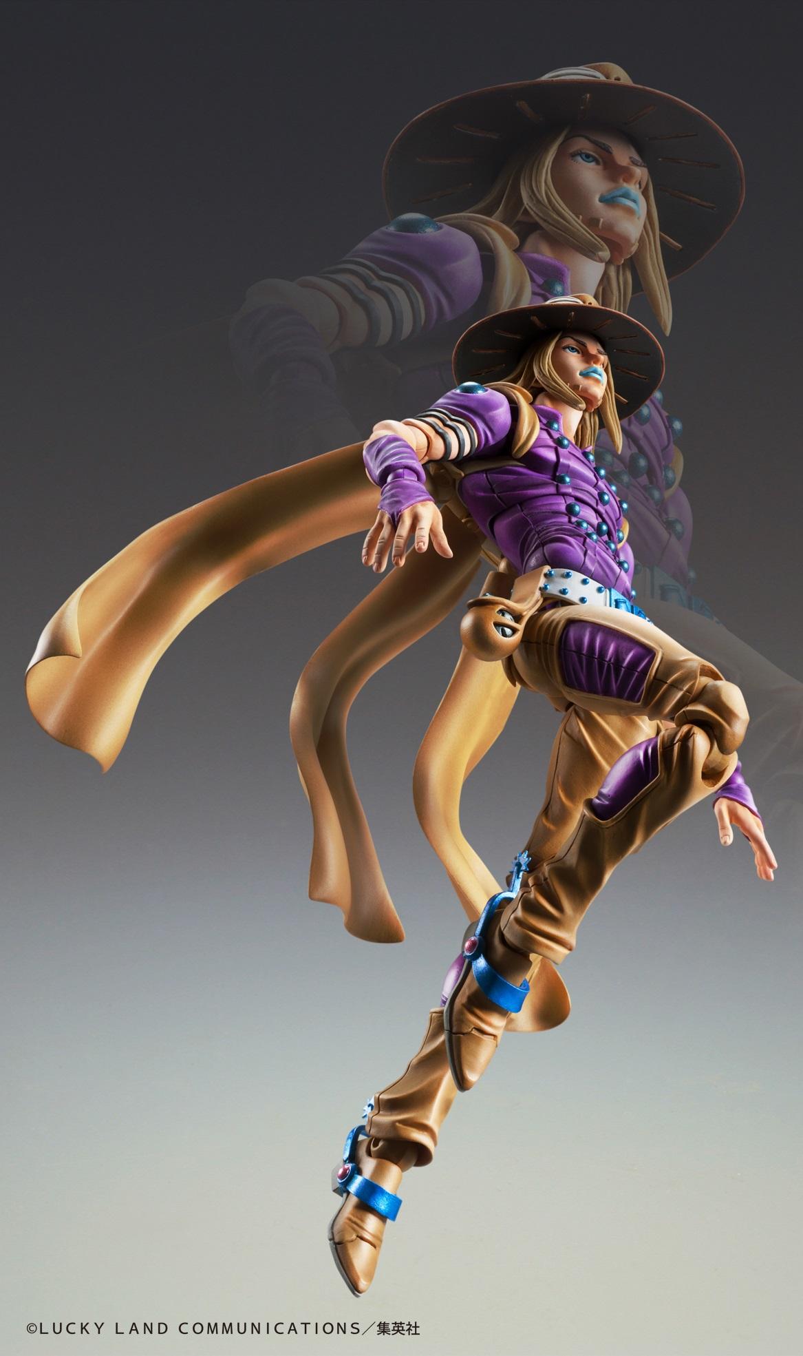 Dynamic jumping pose of the Gyro Zeppeli Ver. 1.5 Super Action Statue showing his flowing cape and detailed articulation.