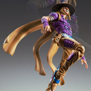 Dynamic jumping pose of the Gyro Zeppeli Ver. 1.5 Super Action Statue showing his flowing cape and detailed articulation.