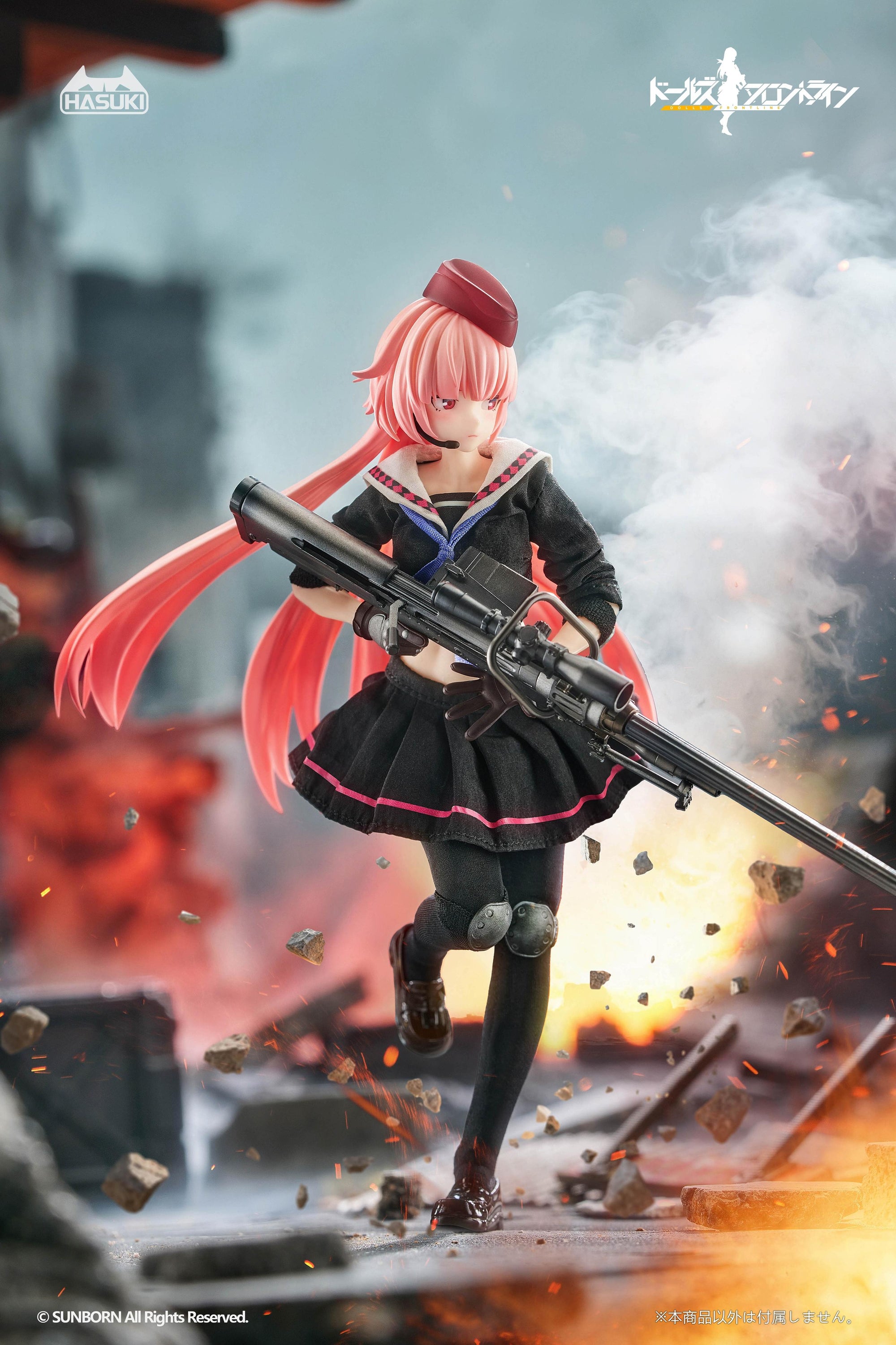 Dynamic action shot of the NTW-20 figure running through a battlefield with explosions and flying rubble in the background.