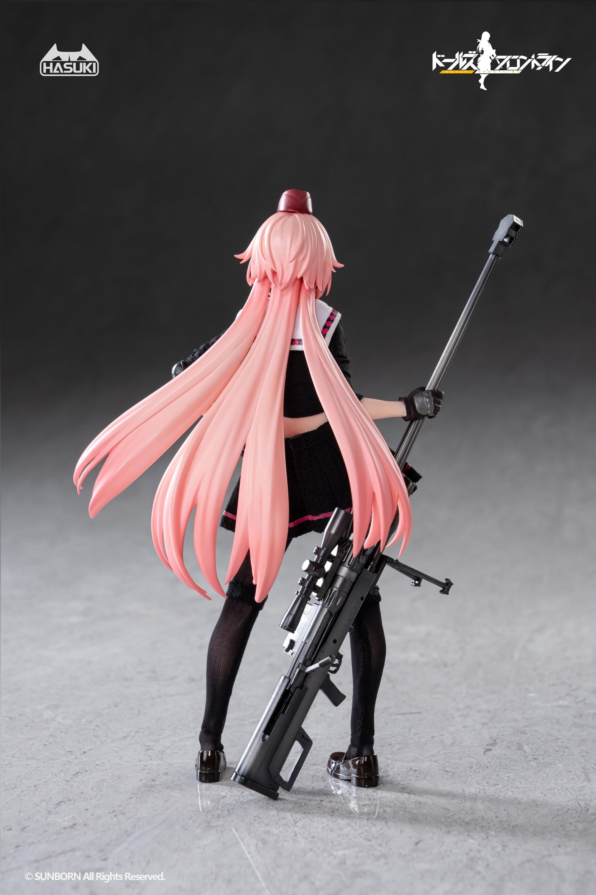 Back view of the Girls' Frontline NTW-20 figure, highlighting her long flowing pink hair and the rear details of her uniform and rifle.