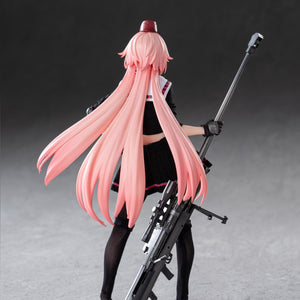 Back view of the Girls' Frontline NTW-20 figure, highlighting her long flowing pink hair and the rear details of her uniform and rifle.