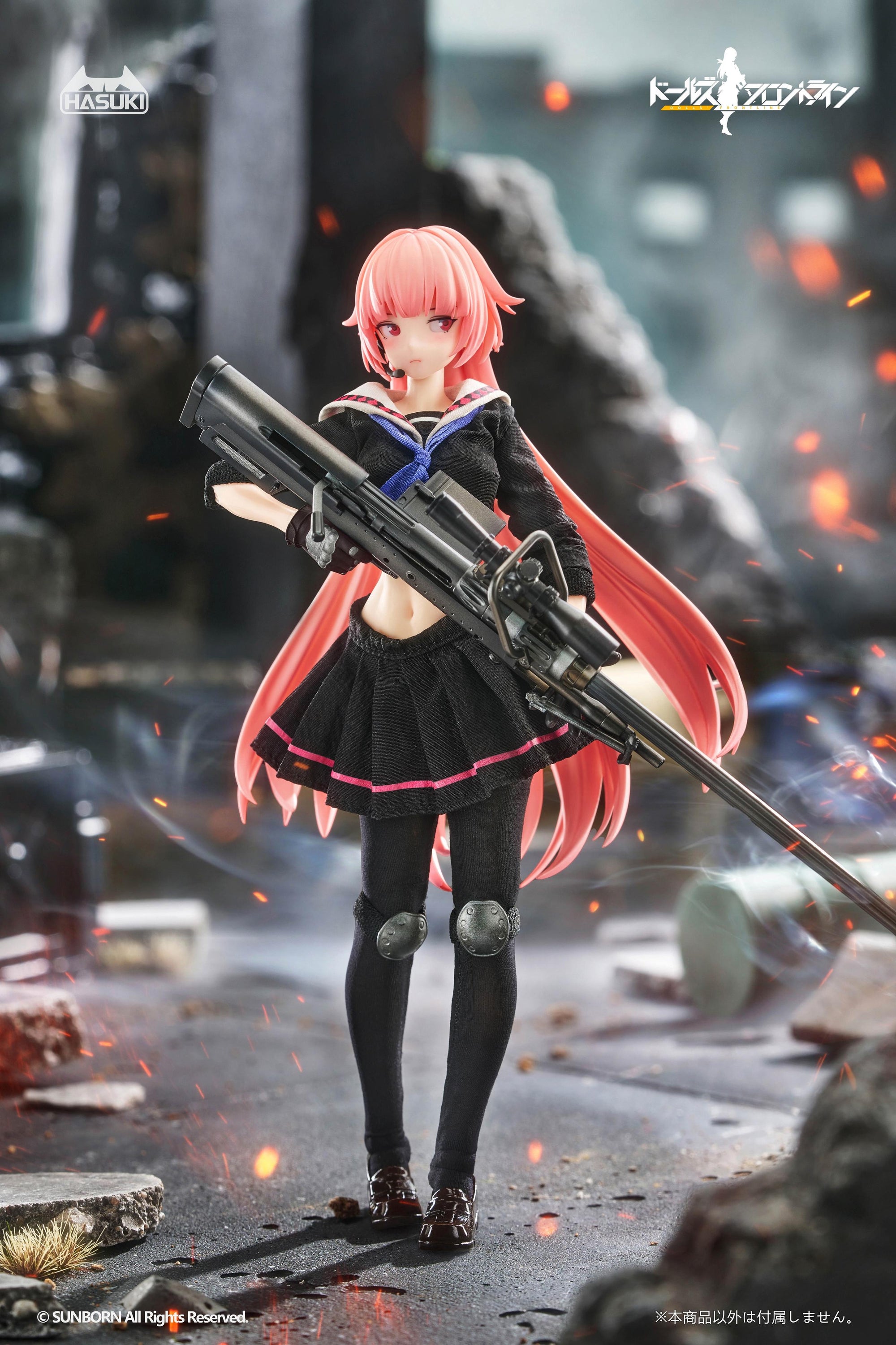 The NTW-20 1/12 scale figure standing calmly on a ruined battlefield set with embers floating in the air.