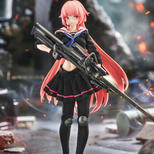 The NTW-20 1/12 scale figure standing calmly on a ruined battlefield set with embers floating in the air.