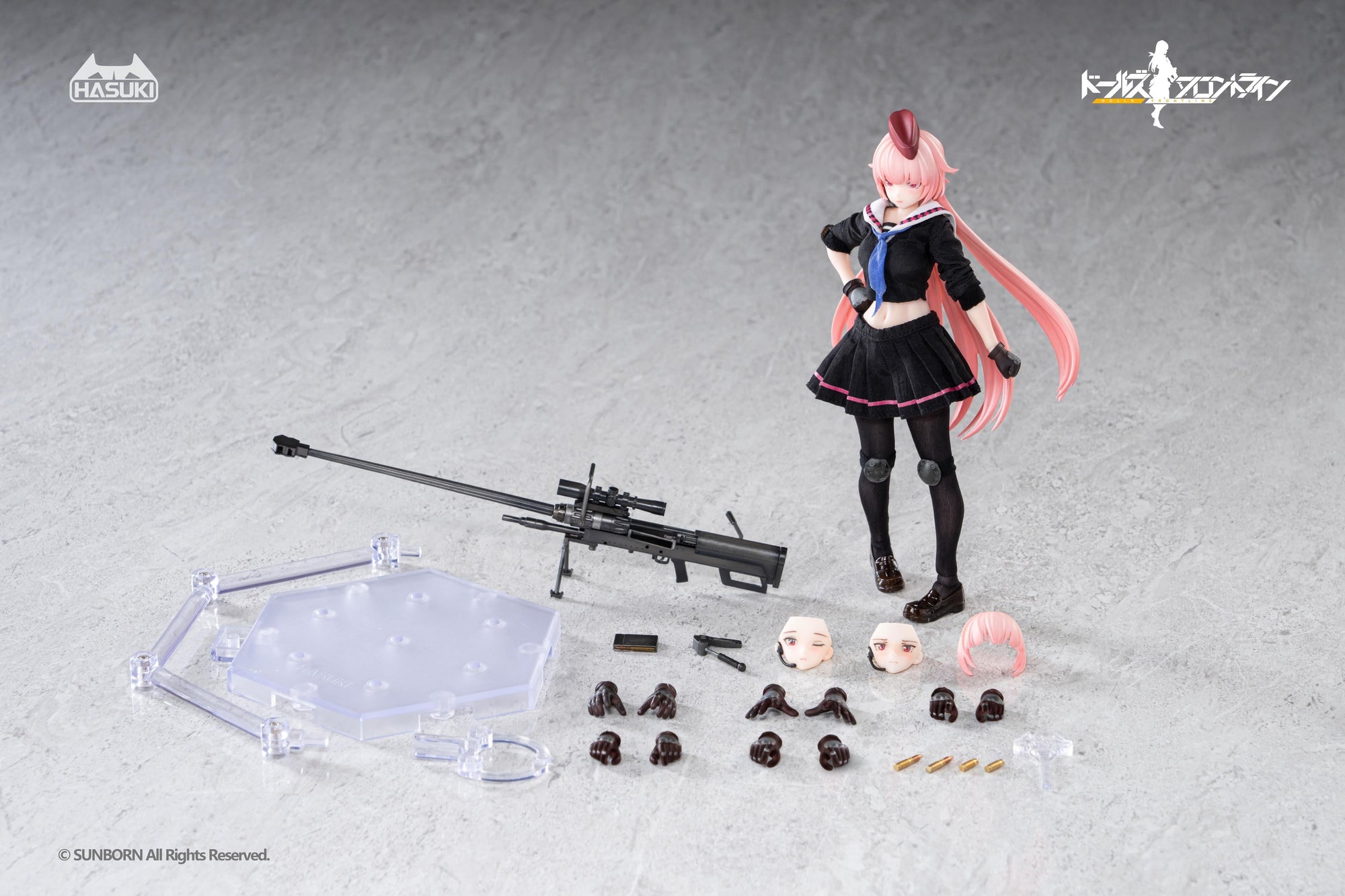 Top-down view of all box contents for the Hasuki Pocket Art NTW-20 figure, including the articulated figure, clear stand, interchangeable hands, face parts, and weapon accessories.