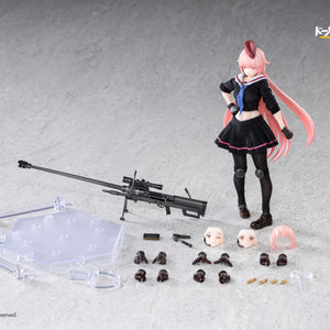 Top-down view of all box contents for the Hasuki Pocket Art NTW-20 figure, including the articulated figure, clear stand, interchangeable hands, face parts, and weapon accessories.