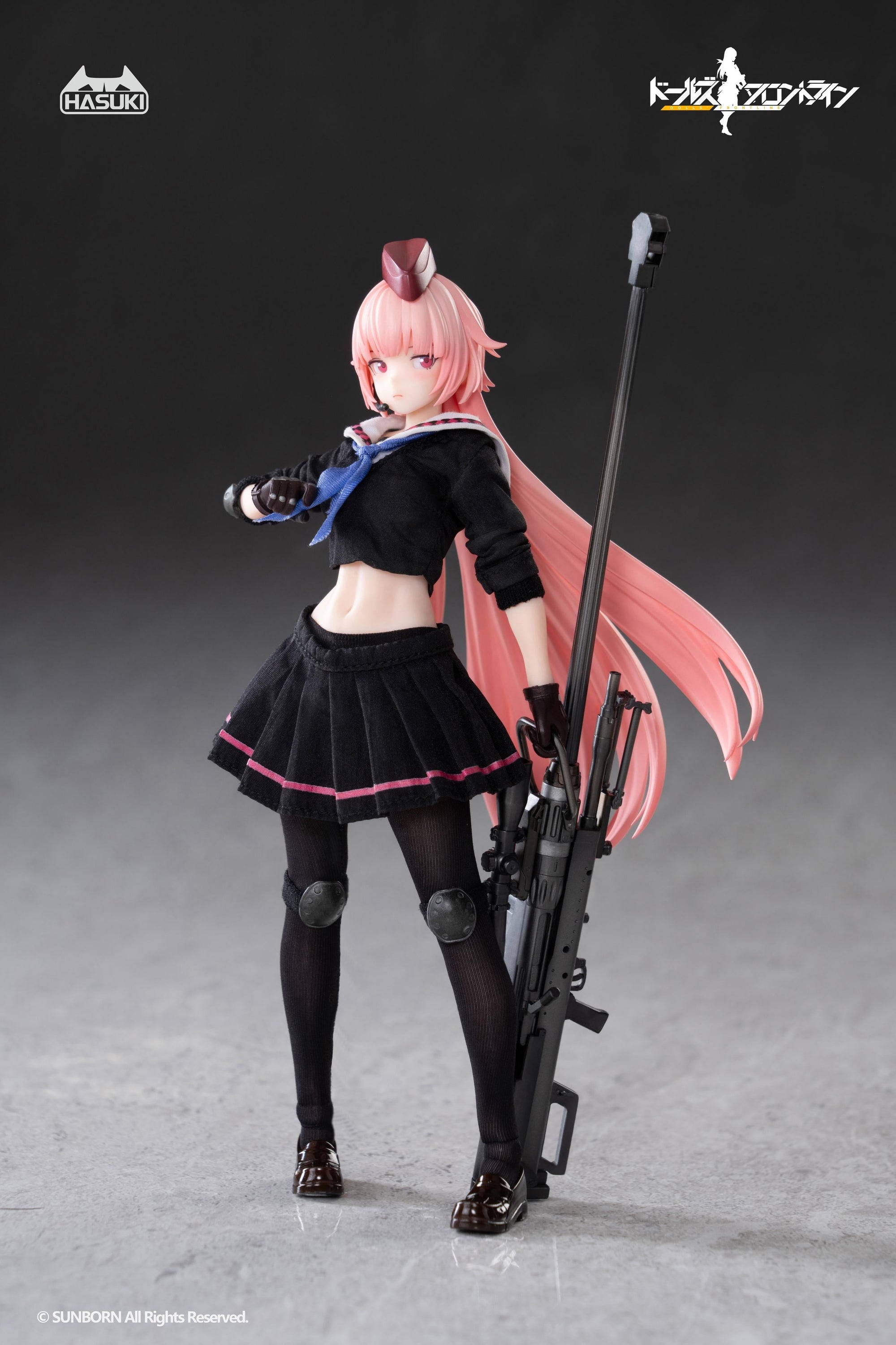 NTW-20 figure resting her sniper rifle on the ground while adjusting her blue sailor collar with her right hand.