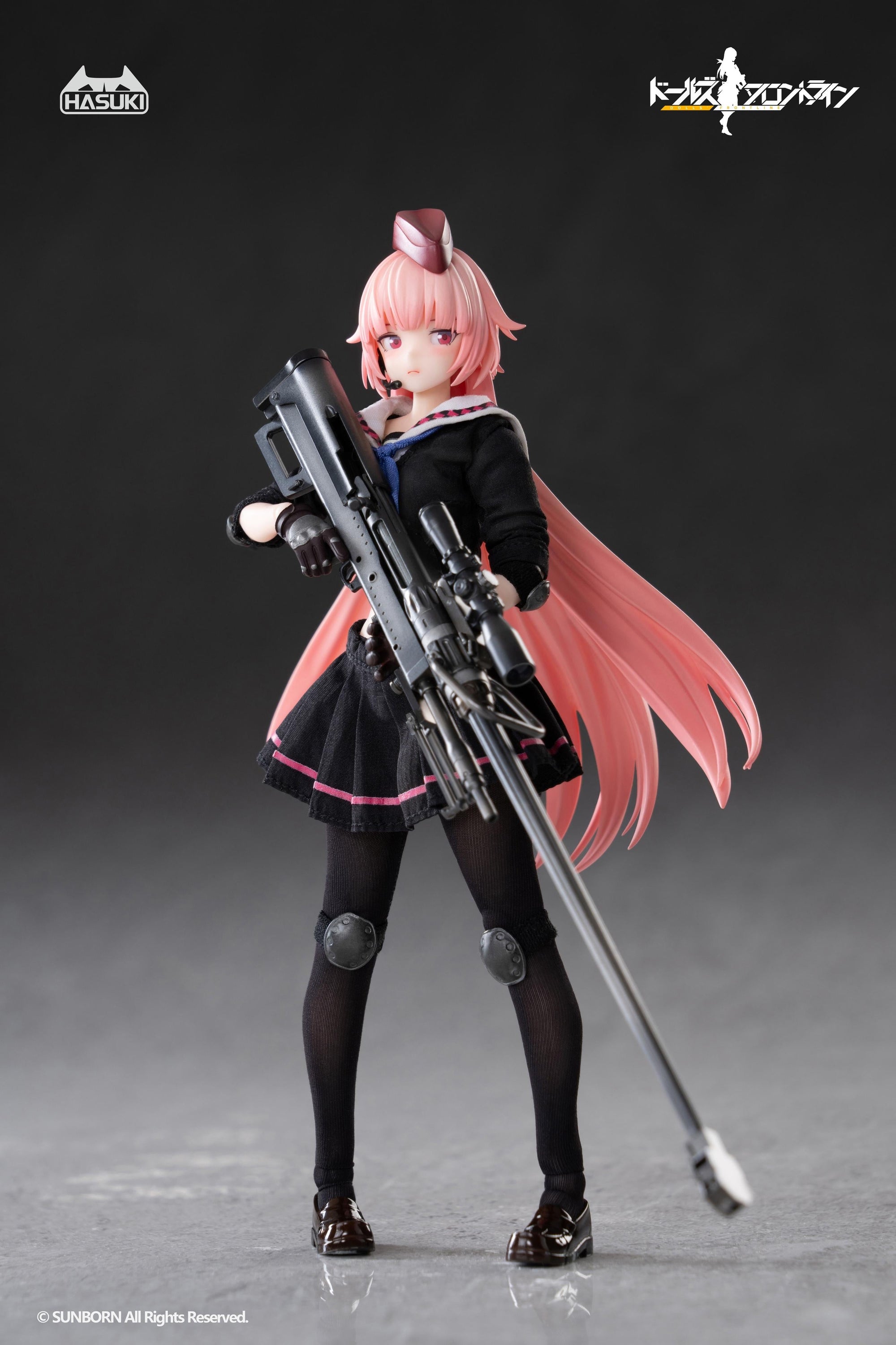 Front view of the Hasuki Pocket Art Girls' Frontline NTW-20 1/12 Scale Action Figure standing in her black uniform, holding her sniper rifle.