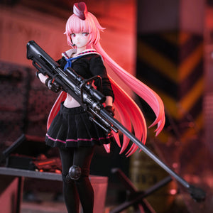 NTW-20 action figure holding her sniper rifle with a serious expression, posed in an industrial warehouse setting with bullet casings on the floor.