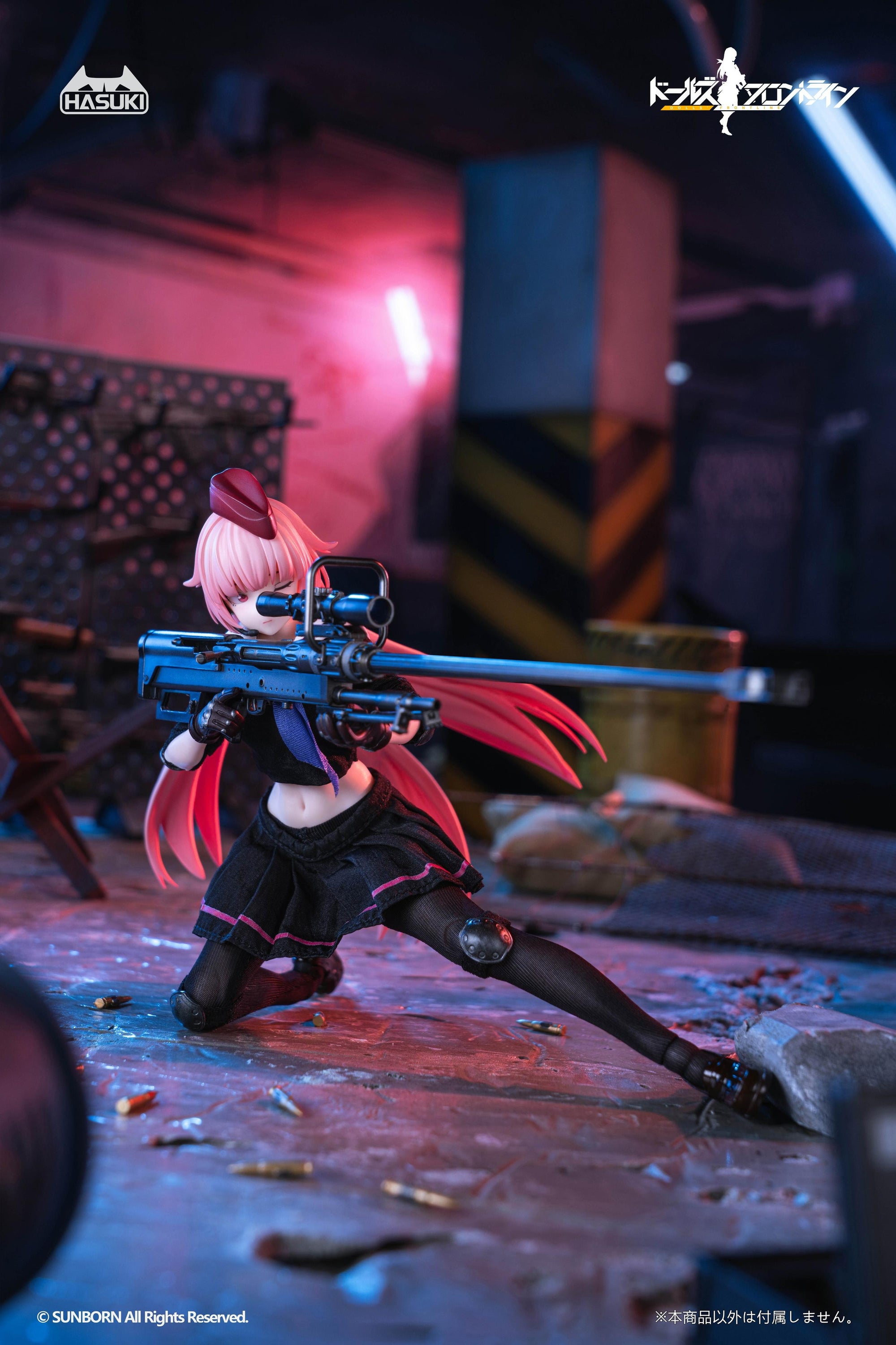 Dynamic kneeling pose of the NTW-20 figure aiming her sniper rifle down the sights in a neon-lit industrial environment.