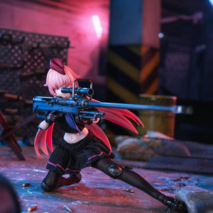 Dynamic kneeling pose of the NTW-20 figure aiming her sniper rifle down the sights in a neon-lit industrial environment.