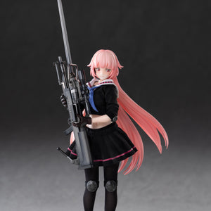 The 1/12 scale NTW-20 action figure posed looking down thoughtfully while holding her rifle vertically.