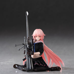 Hasuki Pocket Art NTW-20 figure posed sitting on the floor with her legs crossed, holding her sniper rifle in front of her.