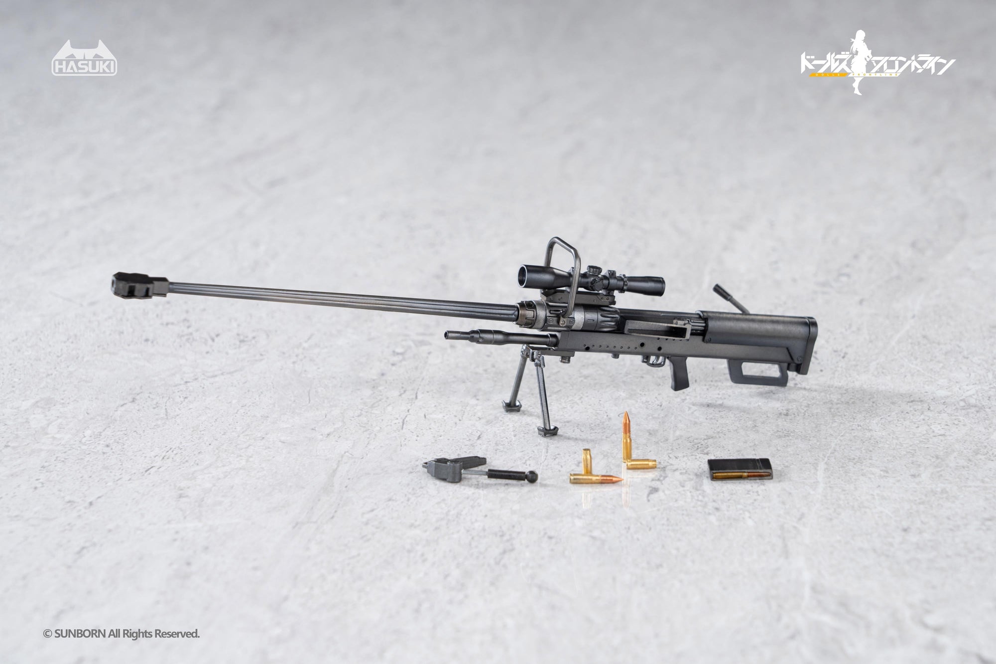 Close-up of the NTW-20 1/12 scale sniper rifle accessory, alternative bipod, ammo rounds, and cartridge cases.