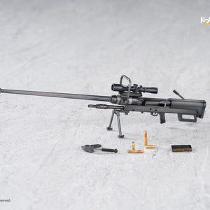 Close-up of the NTW-20 1/12 scale sniper rifle accessory, alternative bipod, ammo rounds, and cartridge cases.