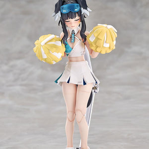 Close-up of Hibiki in her cheer squad uniform with a peaceful closed-eyes face plate, holding two pom-poms at chest level.