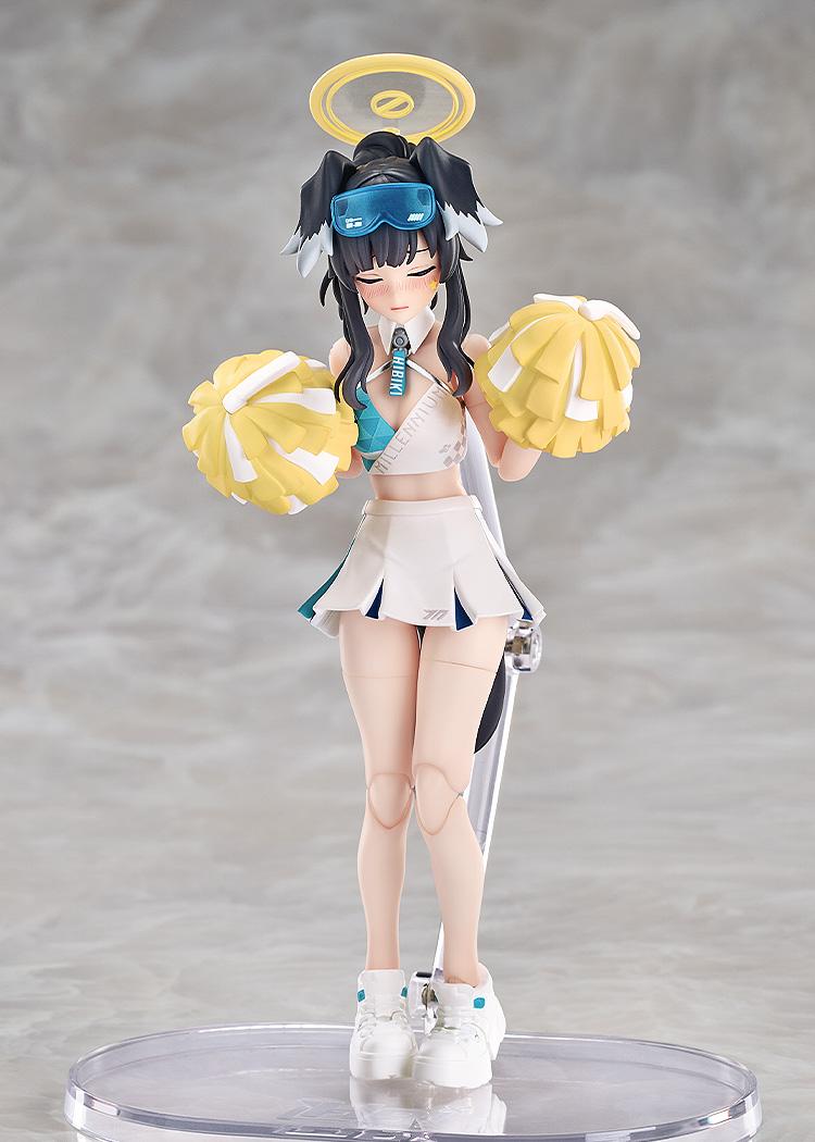 Close-up of Hibiki in her cheer squad uniform with a peaceful closed-eyes face plate, holding two pom-poms at chest level.