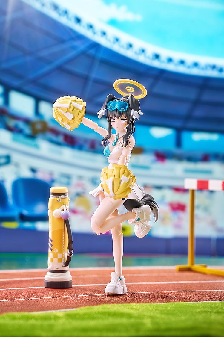 Scenario shot of Hibiki Cheer Squad posed on a realistic track and field stadium background with her mortar and pom-poms.