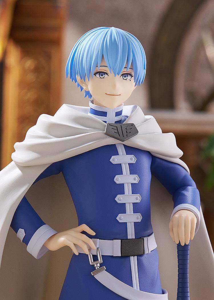 Close-up portrait of the Himmel anime figure within a warm library diorama background, emphasizing his calm, confident expression.