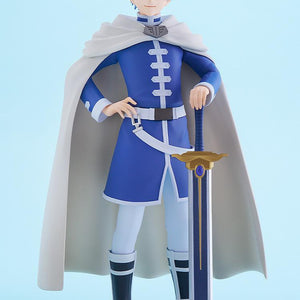 Full-body studio product shot of the Himmel figure by Good Smile Company dressed in his signature blue and white hero outfit on a light blue background.