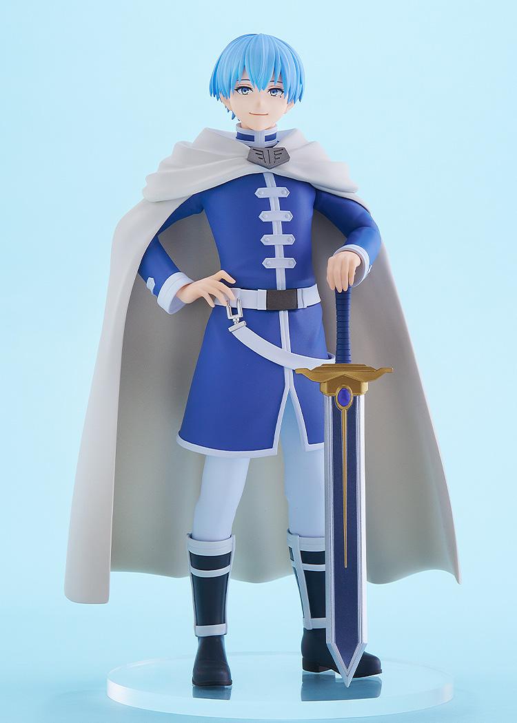 Full-body studio product shot of the Himmel figure by Good Smile Company dressed in his signature blue and white hero outfit on a light blue background.