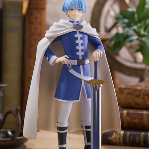 Full-body showcase of the Himmel Pop Up Parade figure positioned against a nostalgic library diorama background featuring vintage books and warm lighting.