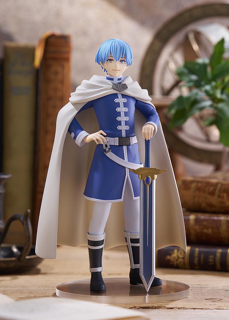 Full-body showcase of the Himmel Pop Up Parade figure positioned against a nostalgic library diorama background featuring vintage books and warm lighting.