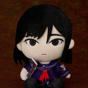 Close-up of Hinako Shimizu plushie by Good Smile Company showing her fierce facial expression and school sailor suit detail.