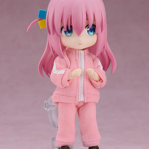 Hitori Gotoh Nendoroid Doll anime figure dressed up in her full signature pink fabric tracksuit outfit including matching zip-up top and pants.