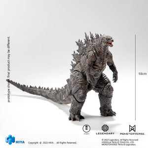HIYA Exquisite Basic Godzilla King of the Monsters 2019 action figure standing with an 18cm height marker on white background.