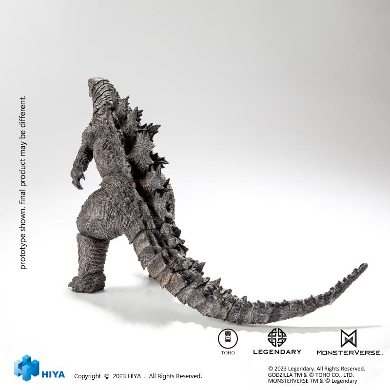 Studio back view of HIYA Exquisite Basic Godzilla King of the Monsters action figure detailing spiky dorsal fins and tail.