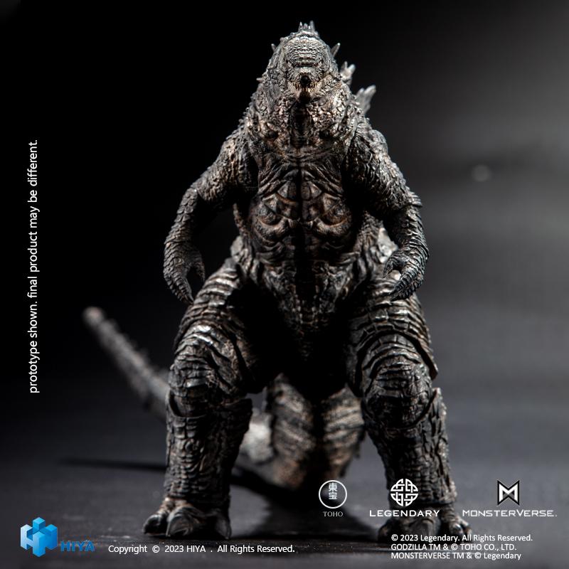 Full body front view of HIYA Exquisite Basic Godzilla 2019 figure in a wide stance against a dark background.