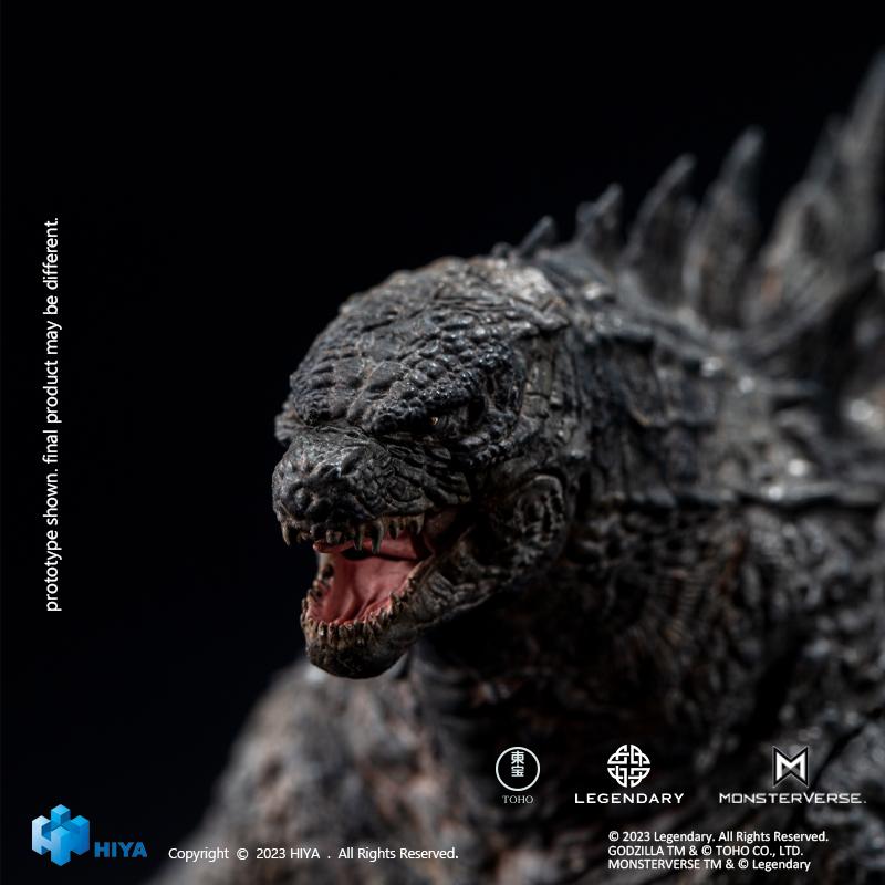 Close-up head sculpt of HIYA Exquisite Basic Godzilla 2019 figure roaring with open jaws and detailed teeth.