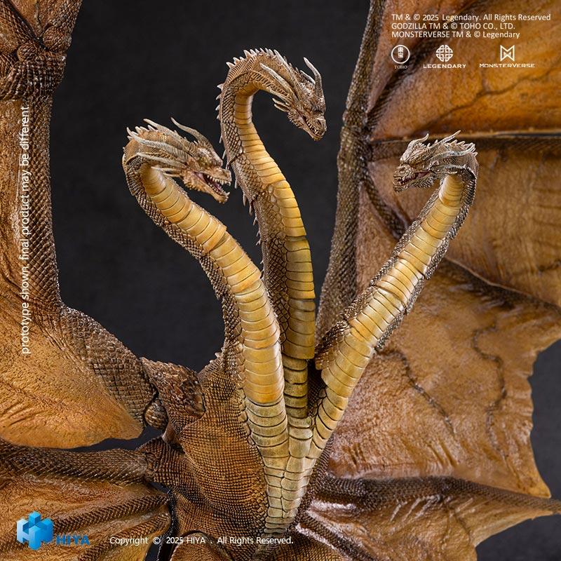 Detailed view of HIYA Exquisite Basic King Ghidorah 2.0 figure showing upgraded neck articulation and golden metallic scale paint.