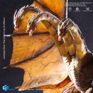 Dramatic close-up view of HIYA Exquisite Basic King Ghidorah 2.0 three heads positioned in front of golden translucent wings.