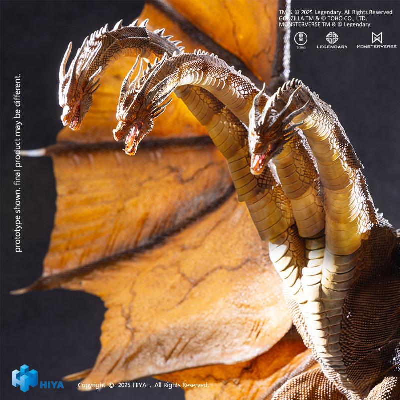 Dramatic close-up view of HIYA Exquisite Basic King Ghidorah 2.0 three heads positioned in front of golden translucent wings.