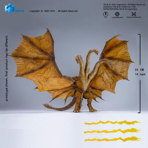 Full studio view of HIYA Exquisite Basic King Ghidorah 2.0 figure with 35cm 14-inch height dimension marker and 3 Gravity Beam accessories.