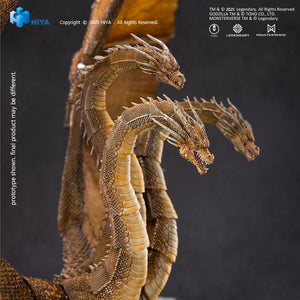 Close-up of the three horned dragon heads on HIYA Exquisite Basic King Ghidorah 2.0 action figure against dark background.