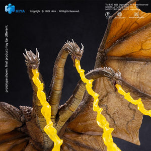 HIYA Exquisite Basic King Ghidorah 2.0 action figure unleashing translucent yellow Gravity Beam attack effect parts from all three jaws.