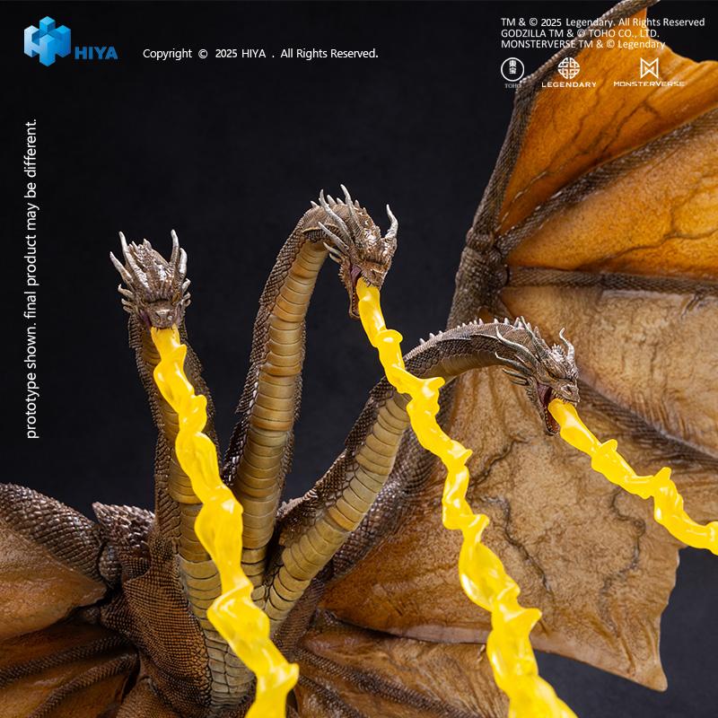 HIYA Exquisite Basic King Ghidorah 2.0 action figure unleashing translucent yellow Gravity Beam attack effect parts from all three jaws.