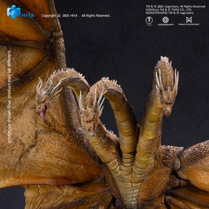 Close-up shot of three snarling dragon heads on HIYA Exquisite Basic King Ghidorah 2.0 figure with open mouths and detailed teeth.