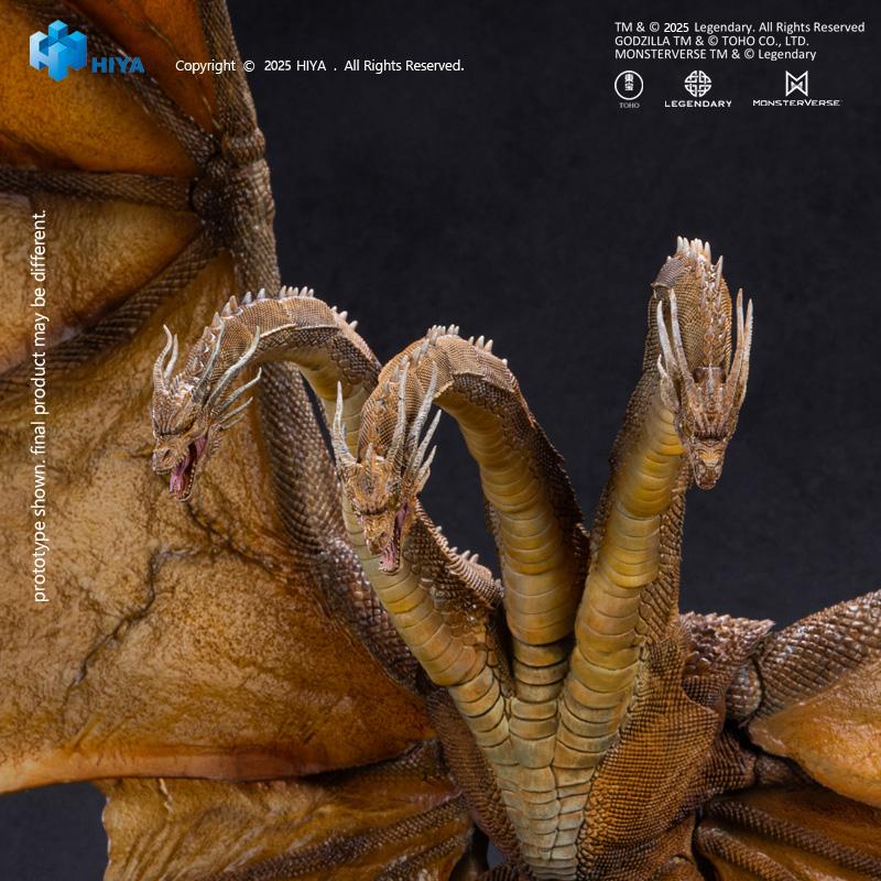 Close-up shot of three snarling dragon heads on HIYA Exquisite Basic King Ghidorah 2.0 figure with open mouths and detailed teeth.