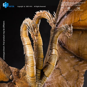 Low-angle close-up of HIYA Exquisite Basic King Ghidorah 2.0 figure displaying neck joints and translucent wing membrane details.