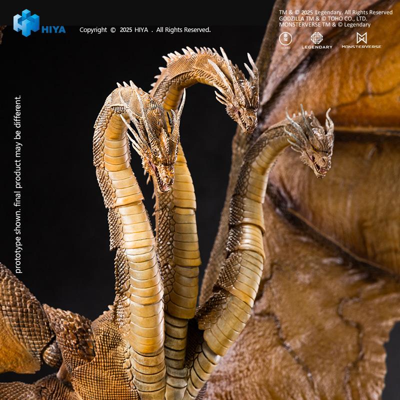 Low-angle close-up of HIYA Exquisite Basic King Ghidorah 2.0 figure displaying neck joints and translucent wing membrane details.