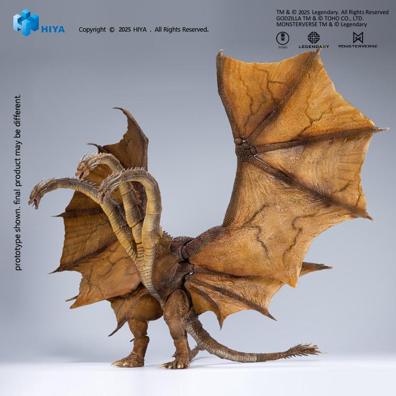Full body studio side view of HIYA Exquisite Basic King Ghidorah 2.0 action figure featuring wide wings and twin spiked tail.