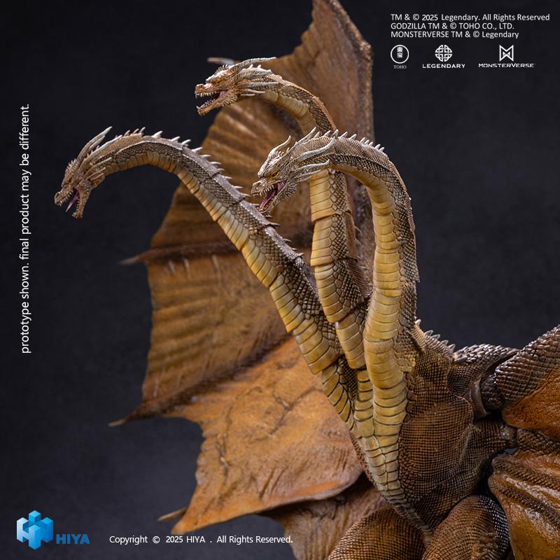 Three-quarter view of HIYA Exquisite Basic King Ghidorah 2.0 action figure in a roaring threat pose with curved necks.