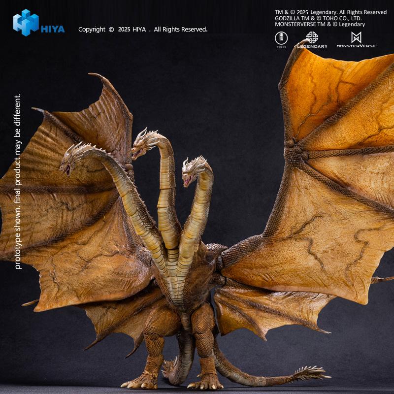 Front view of HIYA Exquisite Basic King Ghidorah 2.0 figure showing three golden dragon heads and raised wings.