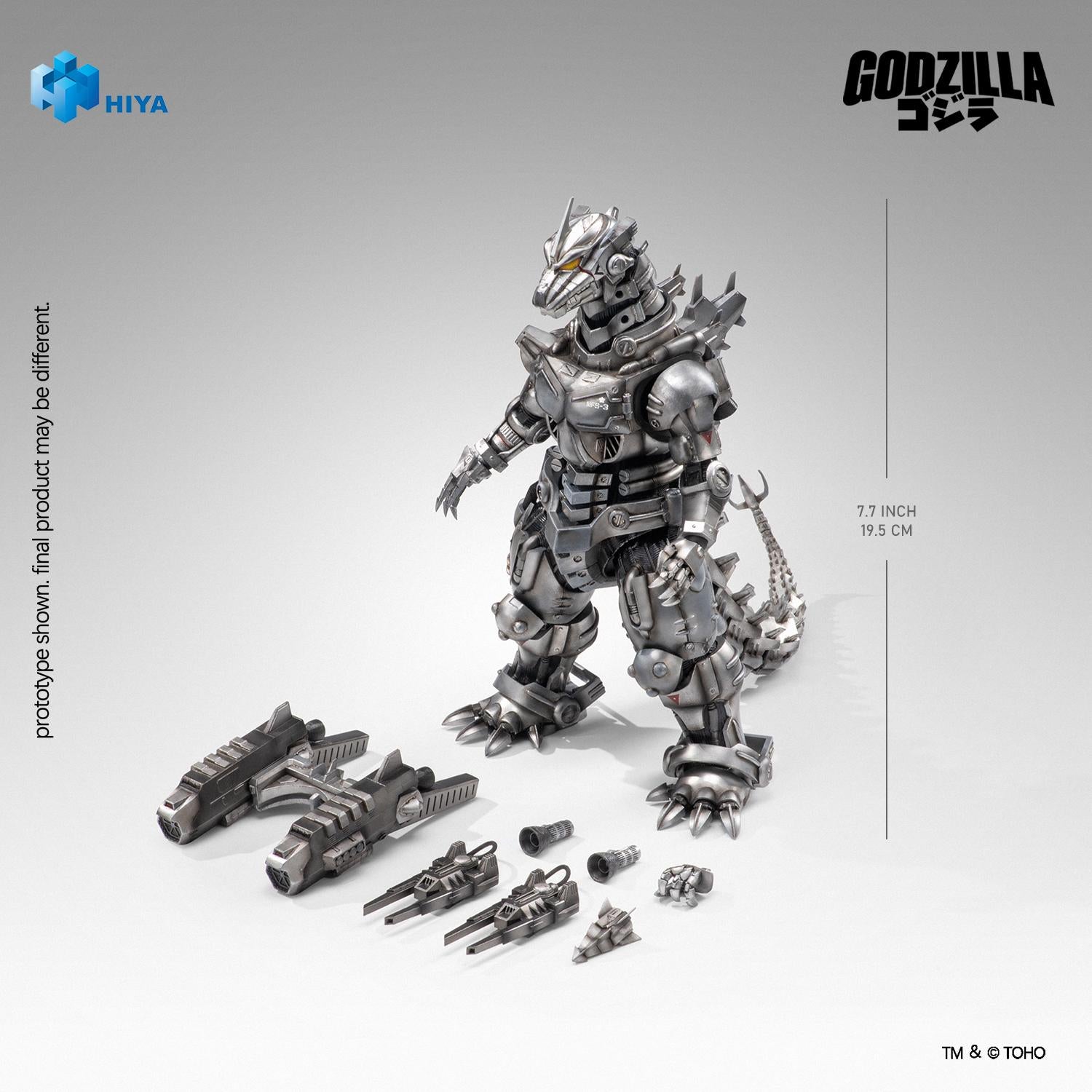 HIYA Exquisite Basic Mechagodzilla 7.7 inch action figure displayed alongside back unit, railguns, thruster nozzles, spiral claw, and interchangeable hands.